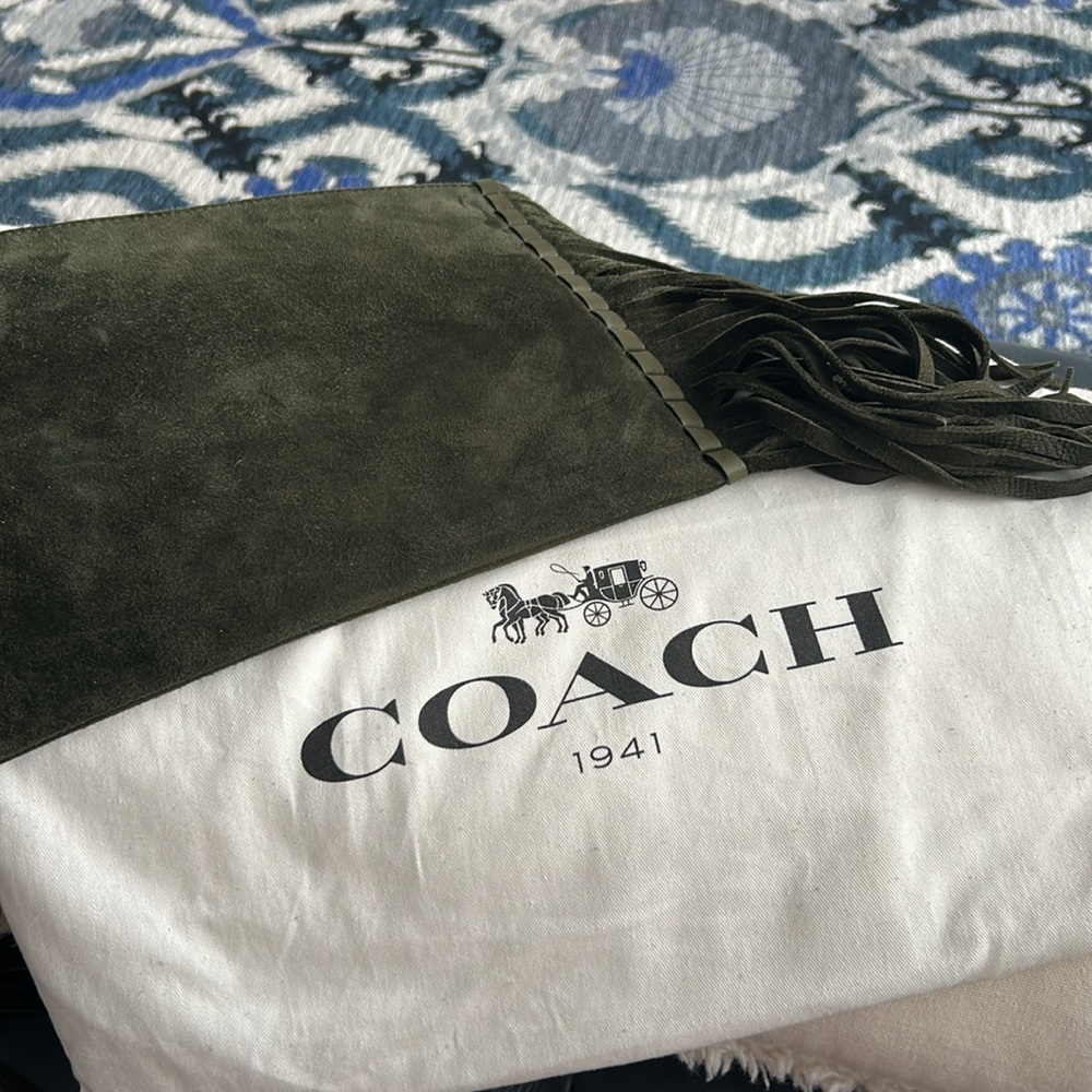 Coach Olive Green Suede Fringe Wristlet Clutch - Picture 11 of 12